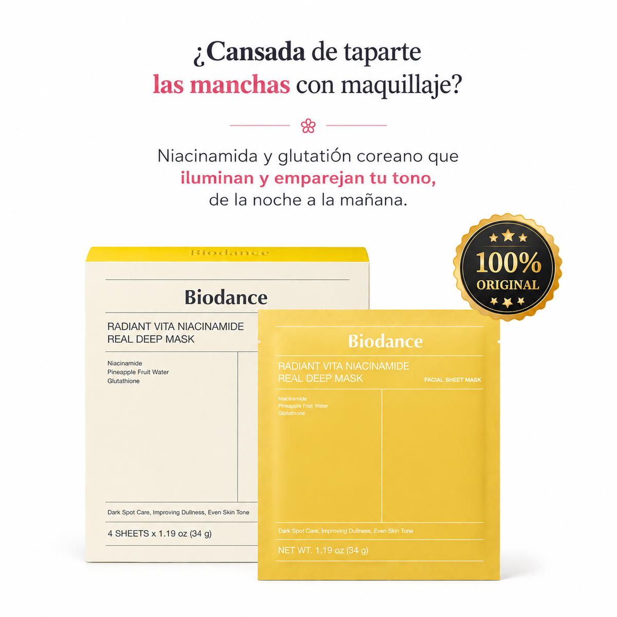 Anti-Manchas · Pack 4 Mascarillas de Niacinamida y Glutatión Coreano Biodance