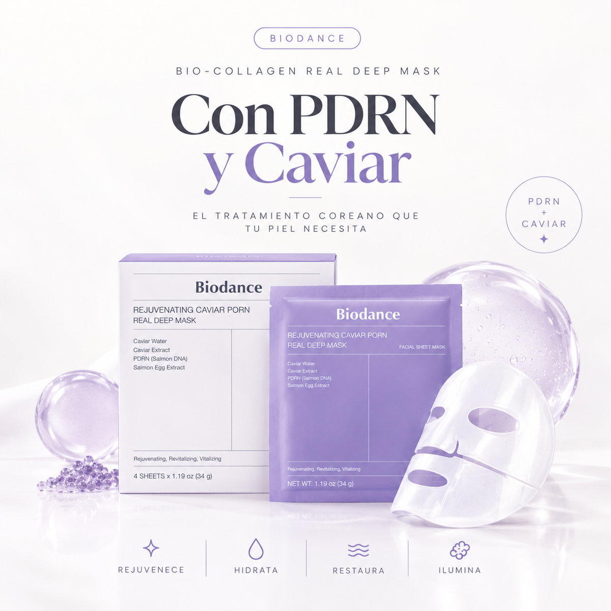 Rejuvenecedora · Pack 4 Mascarillas de Caviar y PDRN Coreano Biodance